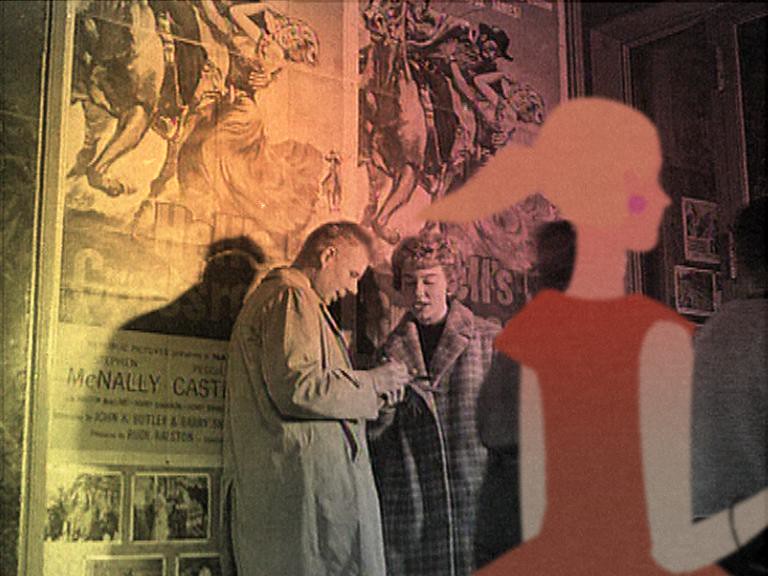 A man and a woman stand by a film poster lettered “McNALLY”, a drawn red figure beside them.