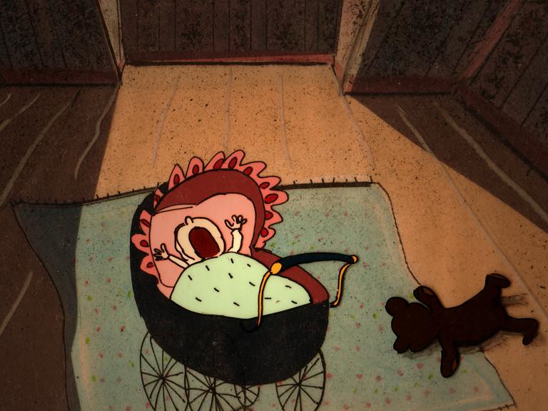 A drawn baby cries in a black pram on a rug, a dog lying beside it.
