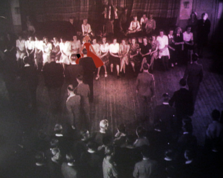 Seen from above, women sit along a dance hall wall while men stand watching, one figure drawn red.