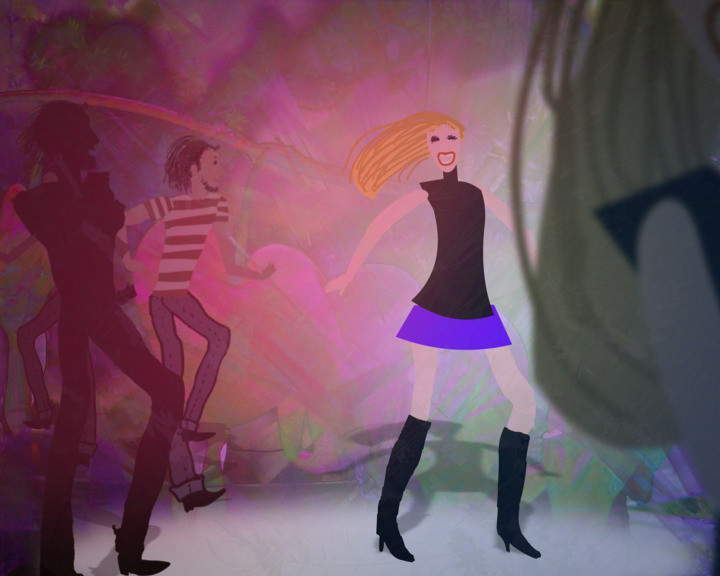 A drawn woman in a miniskirt and black boots dances among silhouettes on a pink swirling background.