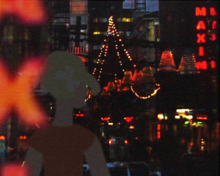 A drawn blonde figure seen from behind faces a night city of neon signs, one reading “Maxim”.