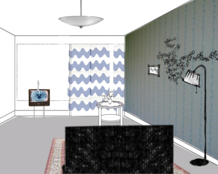 A line-drawn living room with patterned wallpaper, a standard lamp and a small television showing blue static.