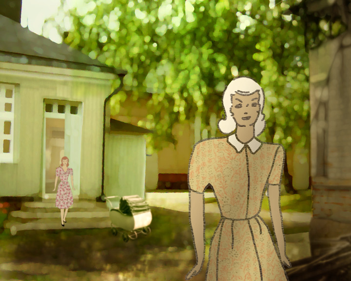 A drawn woman in a floral dress stands in a summer yard, another figure on the house steps.