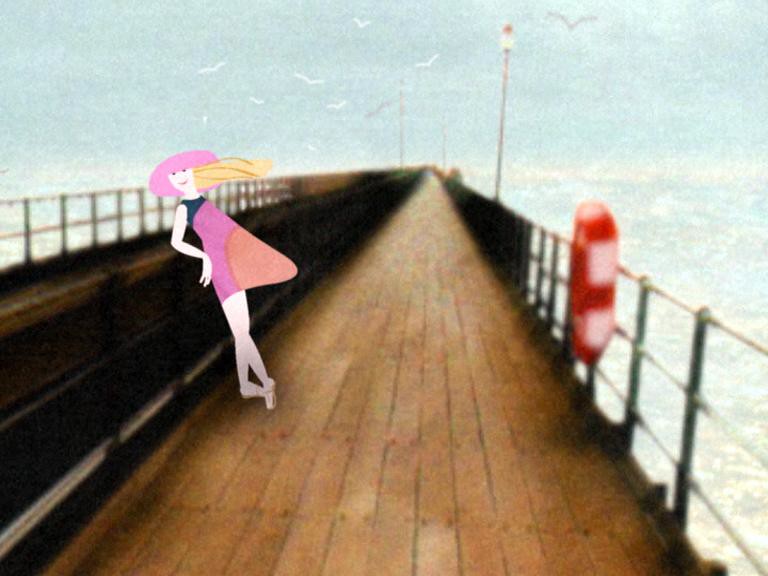 A drawn woman in a pink hat leans on the railing of a long photographed pier.