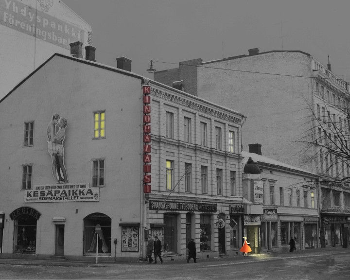 A small figure in a red dress stands on a street corner below a "Kinopalatsi" cinema sign.