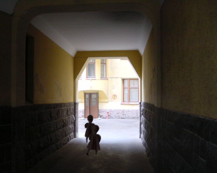 Two small figures in dresses walk in silhouette through an archway towards a sunlit courtyard.