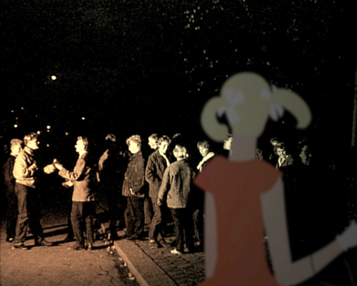 A drawn girl in red seen from behind watches a group of young men on a night street.