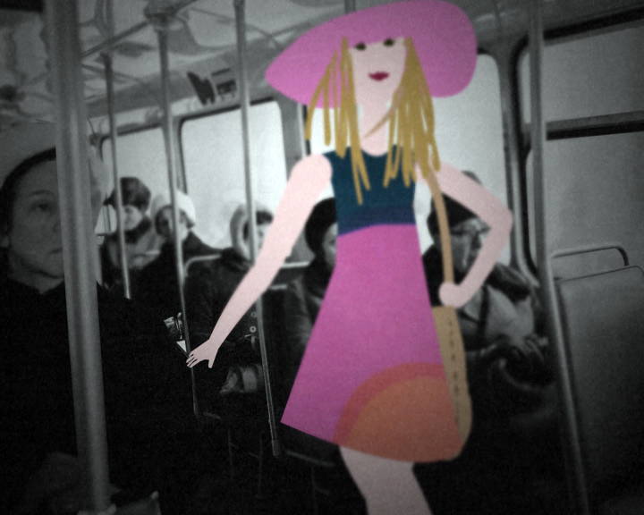 A drawn woman in a pink hat and dress stands in a bus aisle among seated passengers.