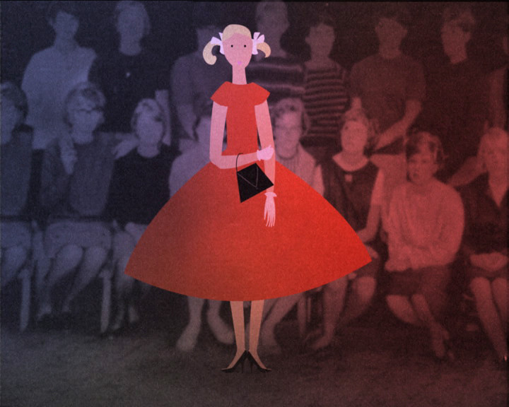A drawn girl in a red dress and pigtails holds a black handbag before a seated audience.
