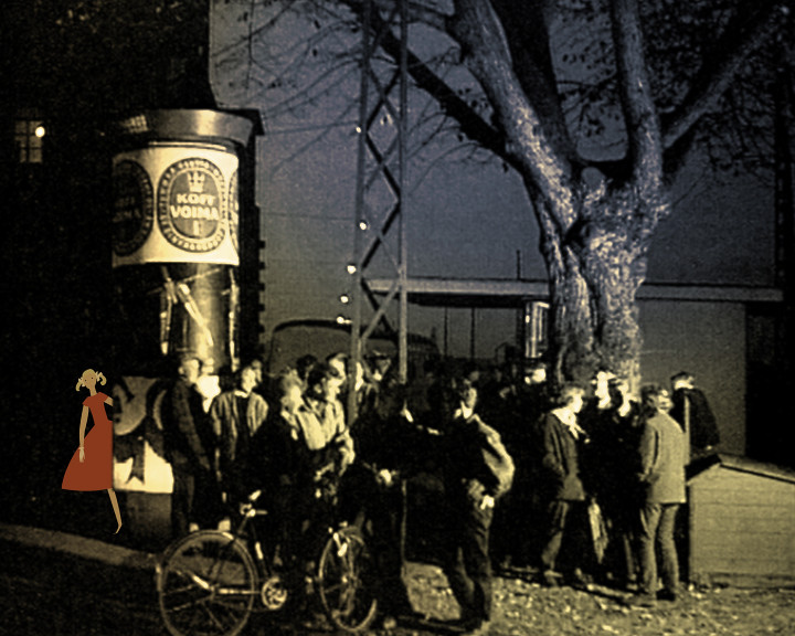 A small drawn figure in red beside a lit advertising column, men and a bicycle at night.