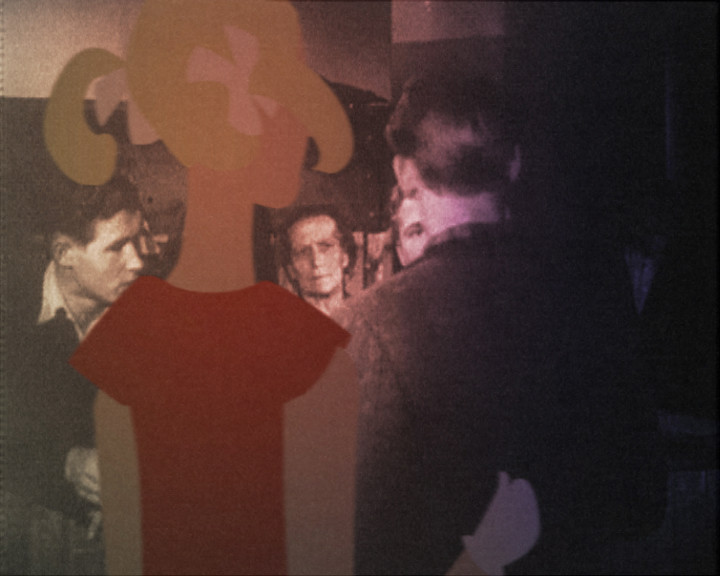 A flat drawn figure in red with piled-up hair stands before dim photographed faces in a crowd.