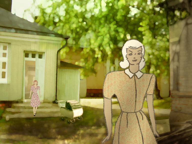 A drawn woman in a floral dress in a sunlit yard, a wooden house and pram behind.