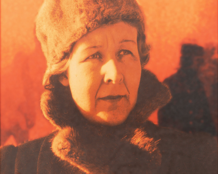 Close portrait of a woman in a fur hat and fur-collared coat, blurred figures behind her.