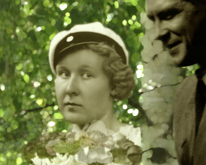 A woman's portrait in a white peaked cap over sunlit green leaves, a man's face at right.