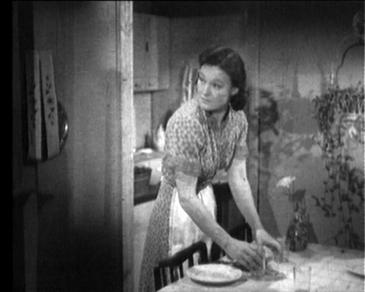 In a wooden kitchen a woman in an apron leans over the table setting a plate and glass.