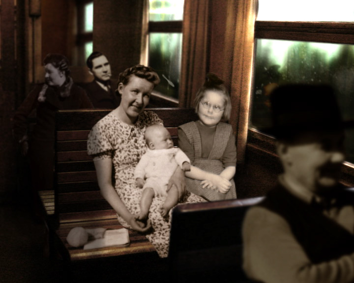 A woman in a floral dress holds a baby on a train bench, a bespectacled girl beside her.