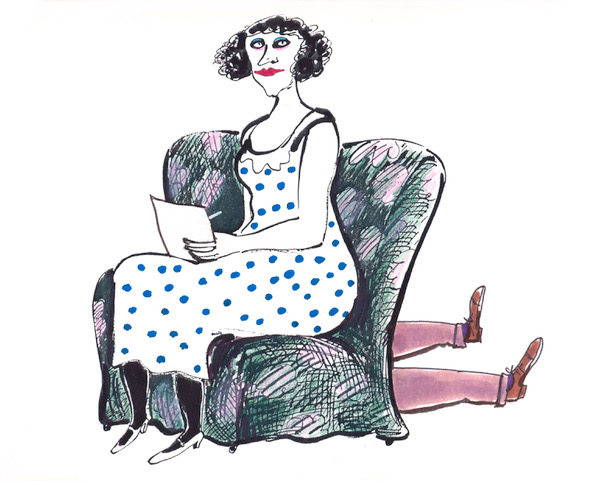 Still from I'm not a Feminist, but… — a woman in a blue polka-dot dress reading a letter in an armchair, a man's legs on the floor beside her
