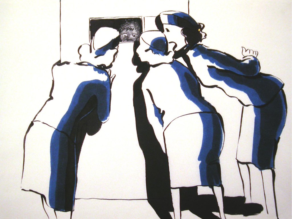 Figures in blue and white coats and caps crowd around a small hatch; a face looks out.