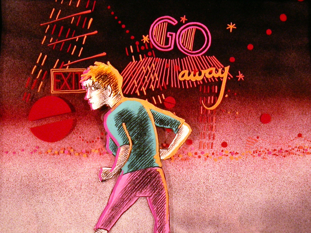 Still from Some Protection, Josie walking past neon lettering that reads GO away, an EXIT sign behind her