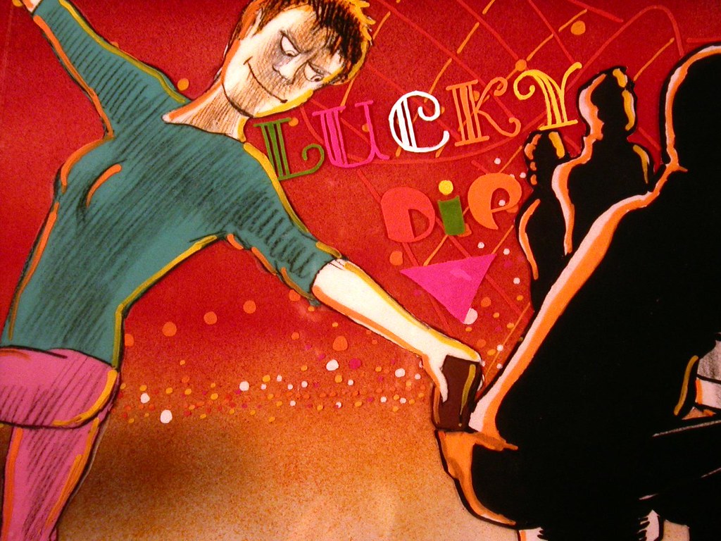A grinning figure in green and pink leaps across a red ground lettered "LUCKY DIP", black silhouettes at right.