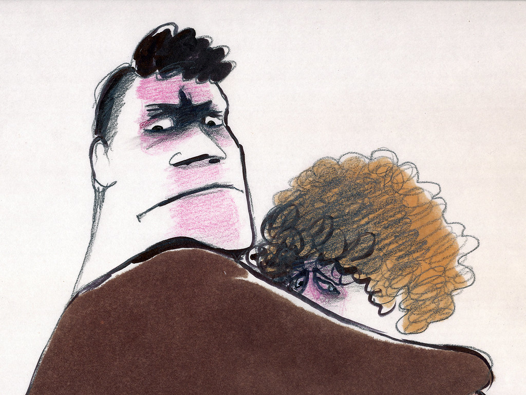 A dark-haired man in a brown coat bends over a woman whose head is tipped back, curls loose.