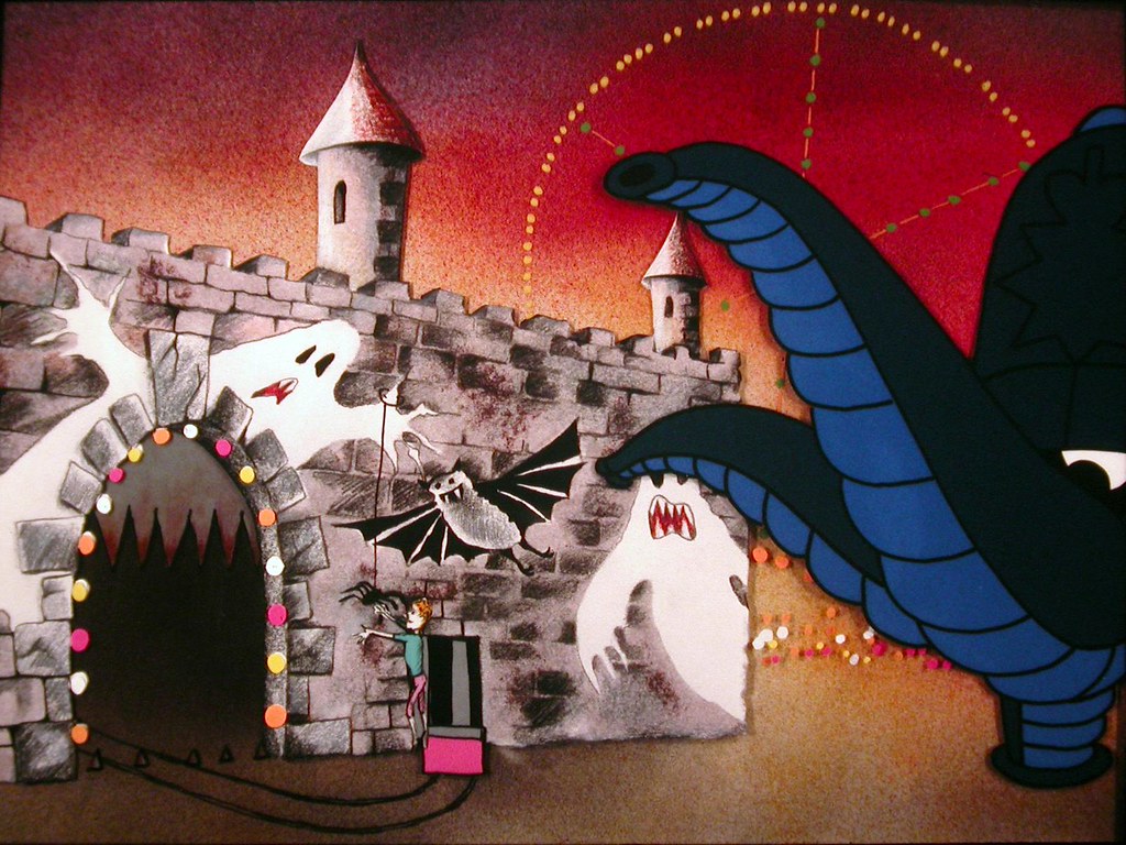 A figure stands by a lit archway of teeth in a painted castle wall with ghosts and a serpent.