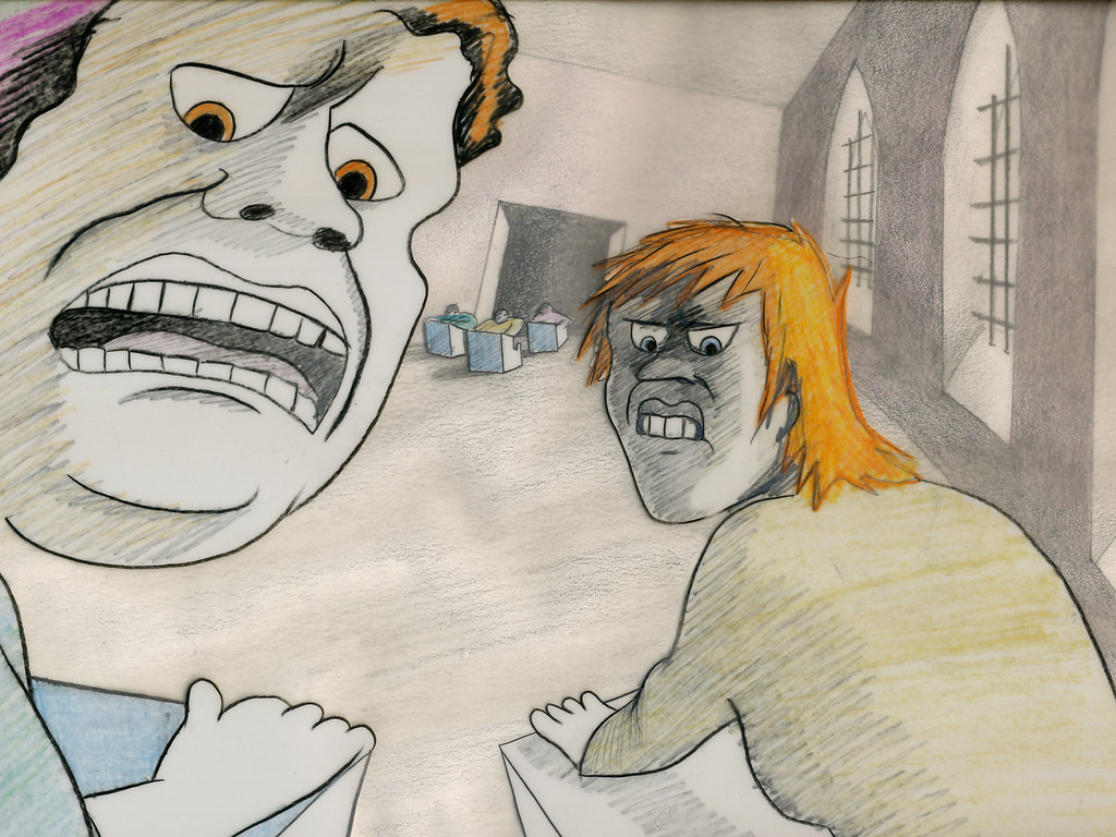 Two figures bare their teeth at each other in a grey room with barred arched windows.