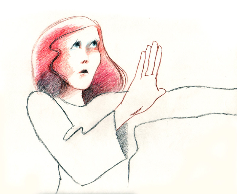 A red-haired woman looks up with her mouth open, an open palm raised in front of her.