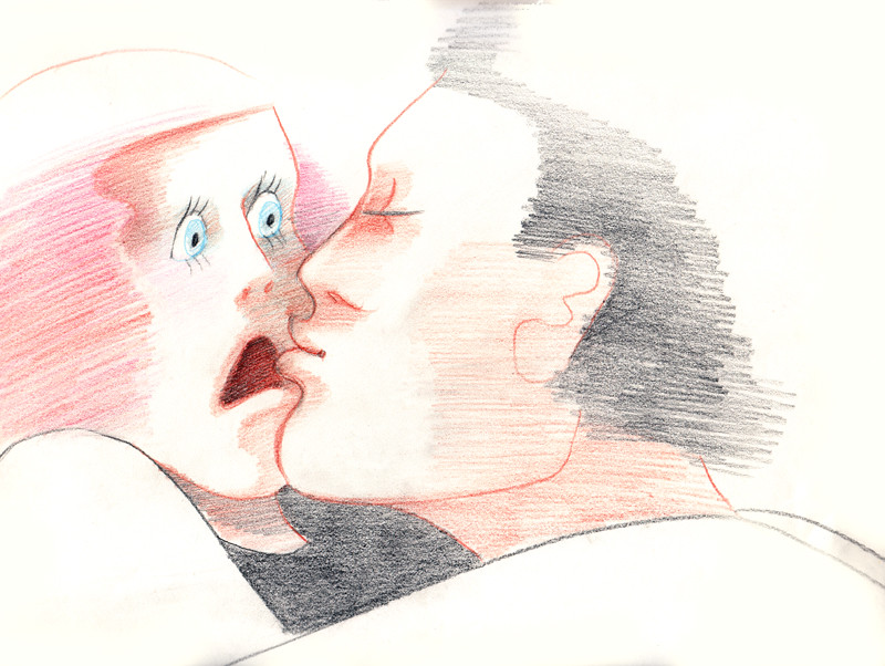A drawn woman lies with her eyes wide and mouth open, a man's face pressed against her cheek.