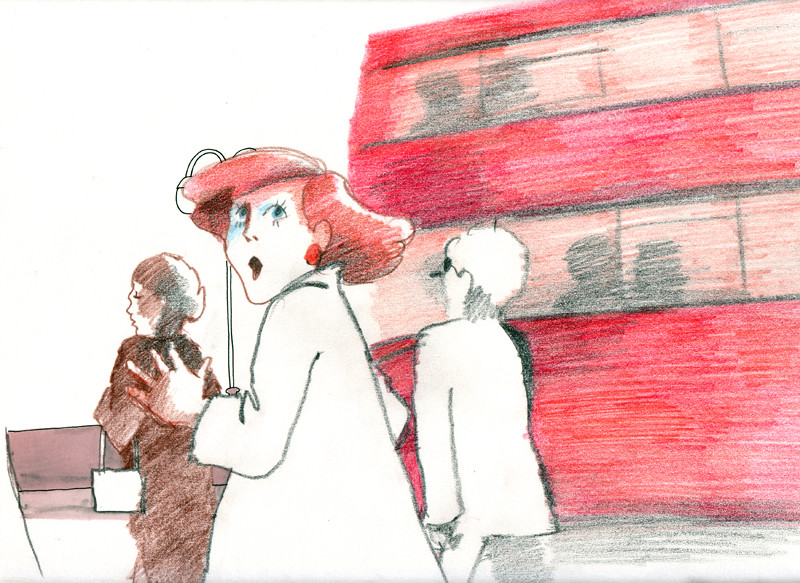 A red-haired woman with an umbrella walks past a red double-decker bus, her mouth open, two figures nearby.