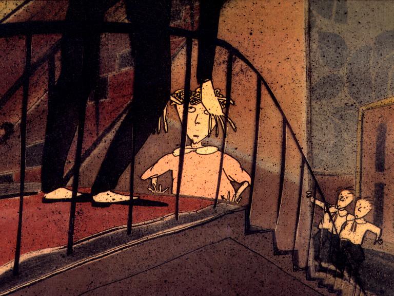 A drawn child peers through stair banisters, an adult in dark trousers above, two boys below.