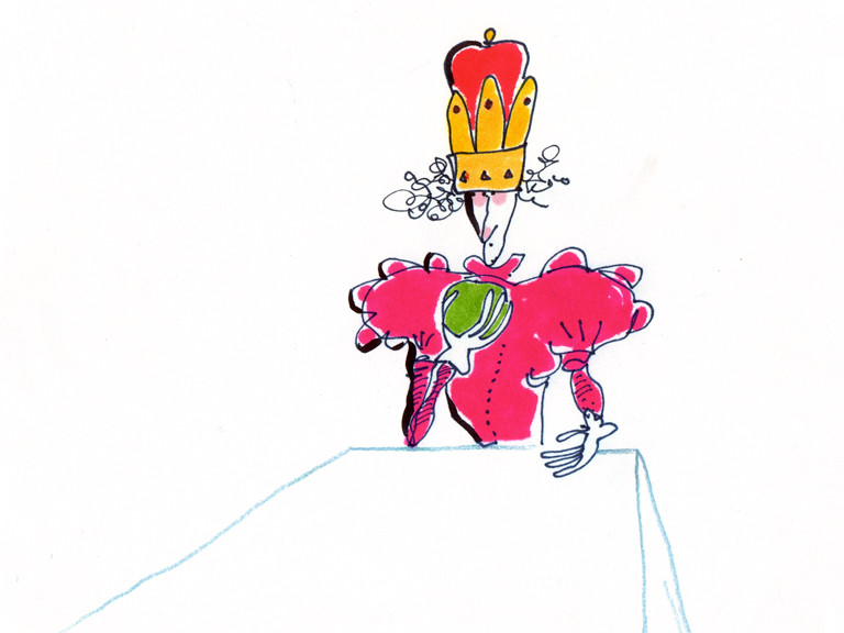 A crowned figure in a pink dress holds a spoon with a green ball of food.