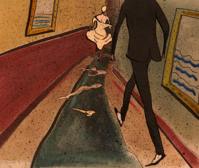 A man in a dark suit walks down a corridor past pale limbs towards a small figure.