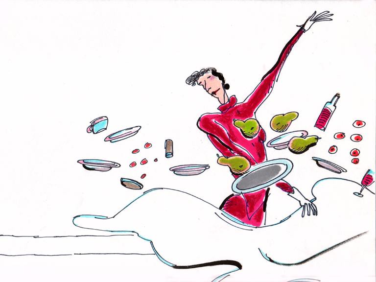A figure in a red dress flings one arm up as plates, pears and bottles fly around her.