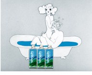 Vivante still, woman in the bath with three product tubes lined up alongside